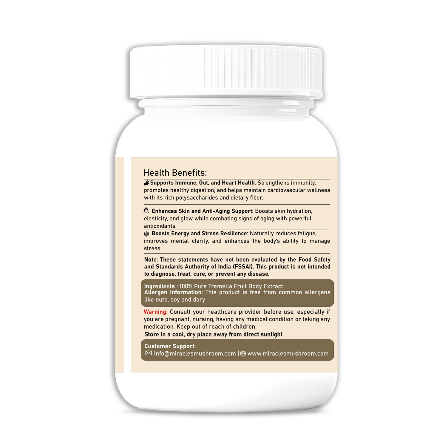 Tremella Mushroom Extract Capsules | Skin Hydration, Boost Collagen & Support Immunity